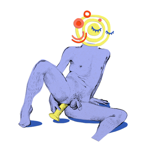 Illustration eines lila Körpers mit Penis und abstraktem Kopf