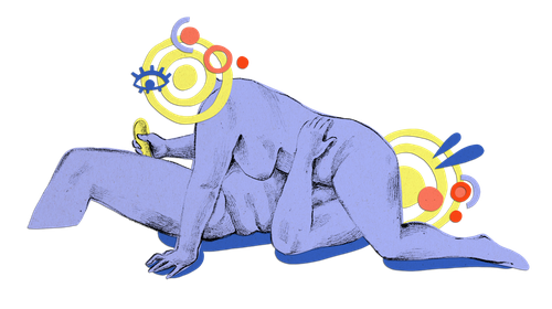 Illustration von zwei lila Körpern mit abstrakten Köpfen